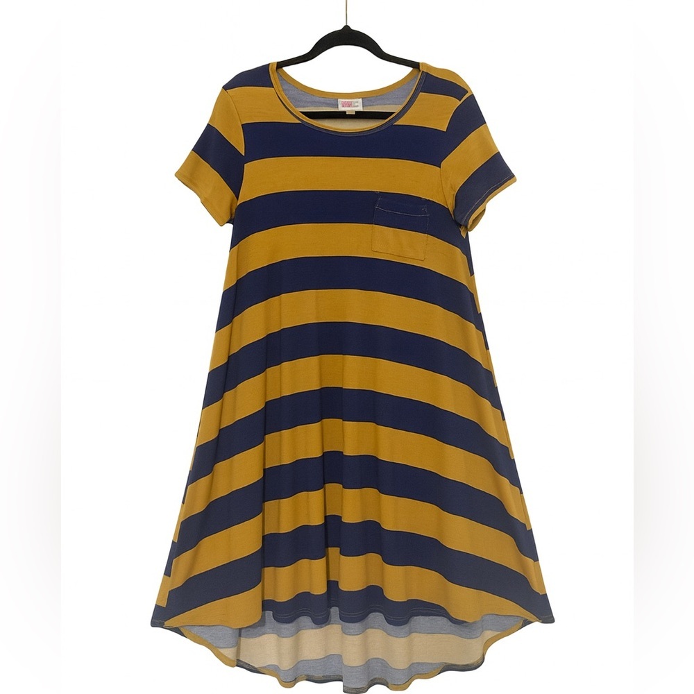 LuLaRoe XS Mustard & Navy Striped High-Low Swing Dress |